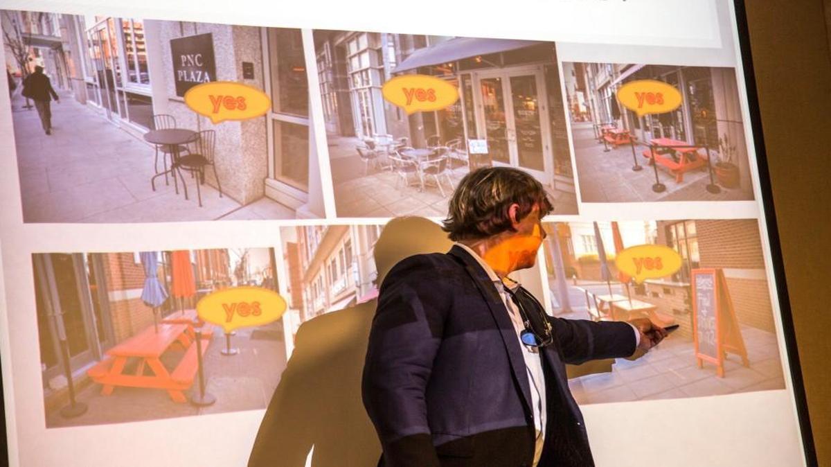 Committee chairman Brian O'Haver leads a meeting of the Outdoor Seating Design Review Committee, a subgroup of Raleigh’s Appearance Commission, as they discuss the city’s downtown sidewalk dining regulations Wednesday.