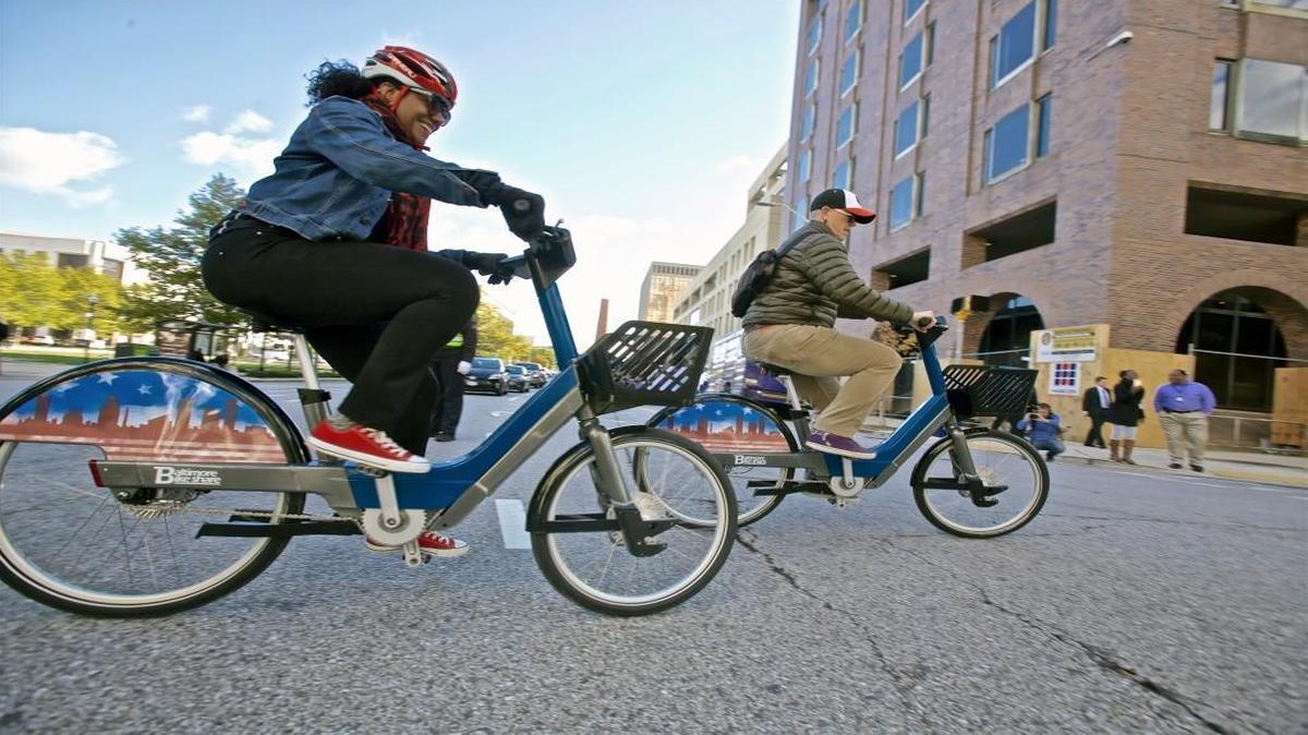 Electric bikes in use during the Bike Share Baltimore Launch.