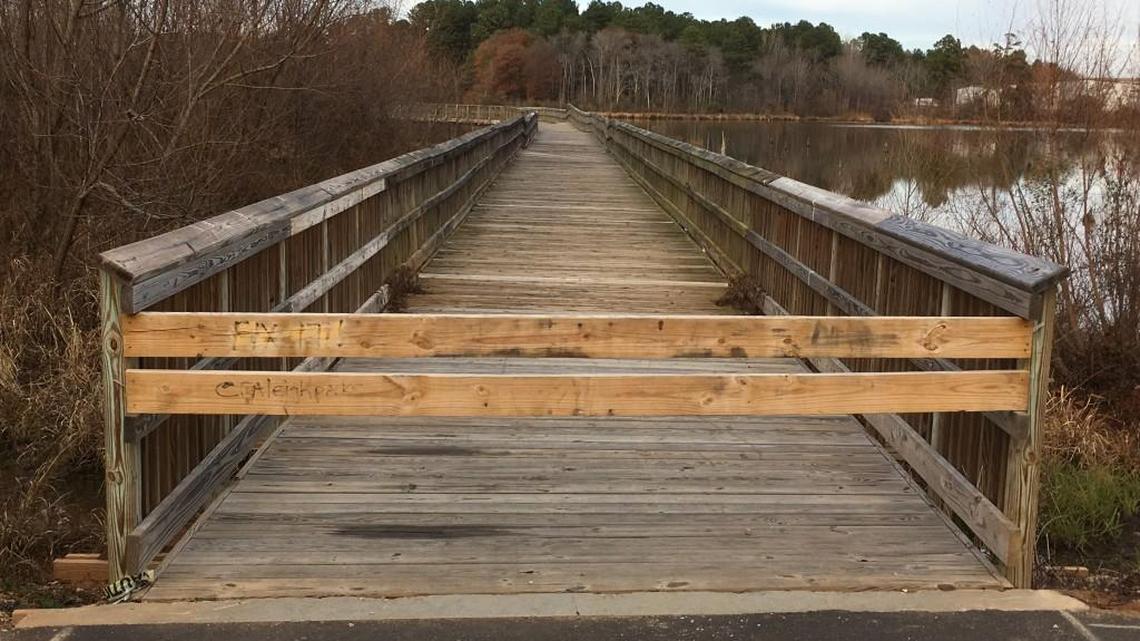 This section of boardwalk on the Crabtree Creek Greenway trail off Raleigh Boulevard was lifted off its piers during Hurricane Matthew in October 2016 and again during a heavy rain in April 2017. The city expects repairs to be completed by the end of March 2018.