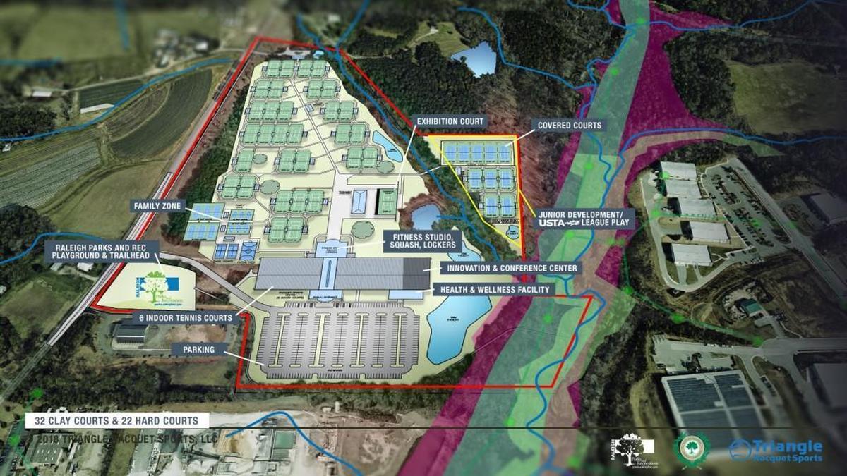 A proposed layout for the 48-acre site Rob Autry and his investors want to lease from the city of Raleigh to build a 50-court tennis center.