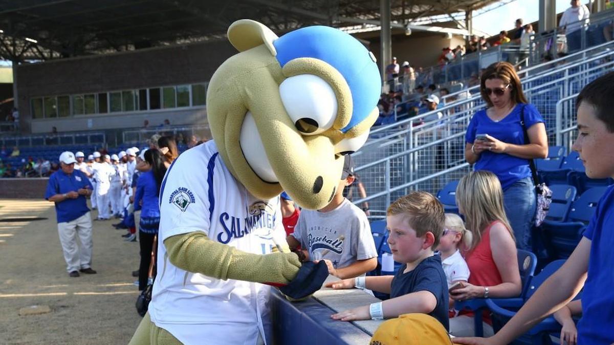 Sal the Salamander signs autographs before 2015’s inaugural Holly Springs Salamanders game.