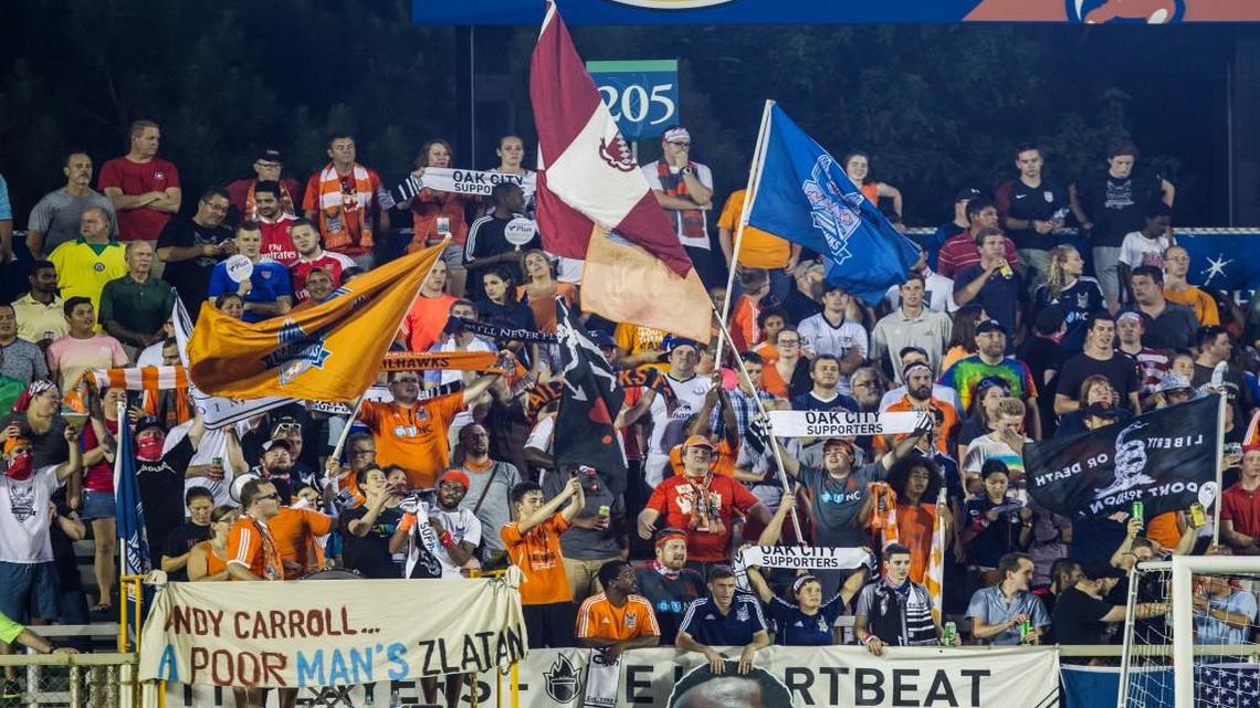 Carolina RailHawks fans cheer after a first half goal as the RailHawks took on West Ham United at the WakeMed Soccer Park in Cary, N.C., Tuesday, July 12, 2016.