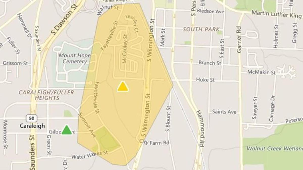 A map posted by Duke Energy shows the approximate area of a power outage south of downtown Raleigh on Monday, Jan. 8, 2018.