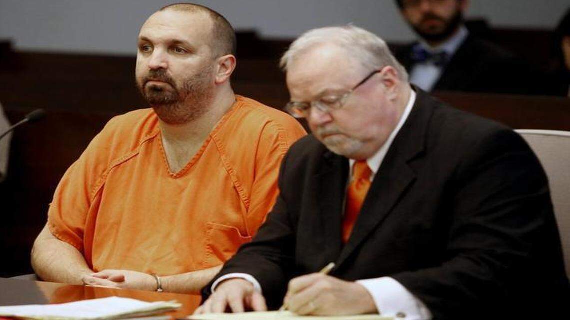 
Murder defendant Craig Stephen Hicks, 46, left, listens while his co-defense counsel Terry Alford makes notes during a Monday, April 6, 2015 death penalty hearing for Hicks. Presiding Judge Orlando Hudson found the case of the shooting deaths of three Muslim college students at Finley Forest residential complex in Chapel Hill, NC in February, 2015 made the Hicks case eligible for the death penalty.
