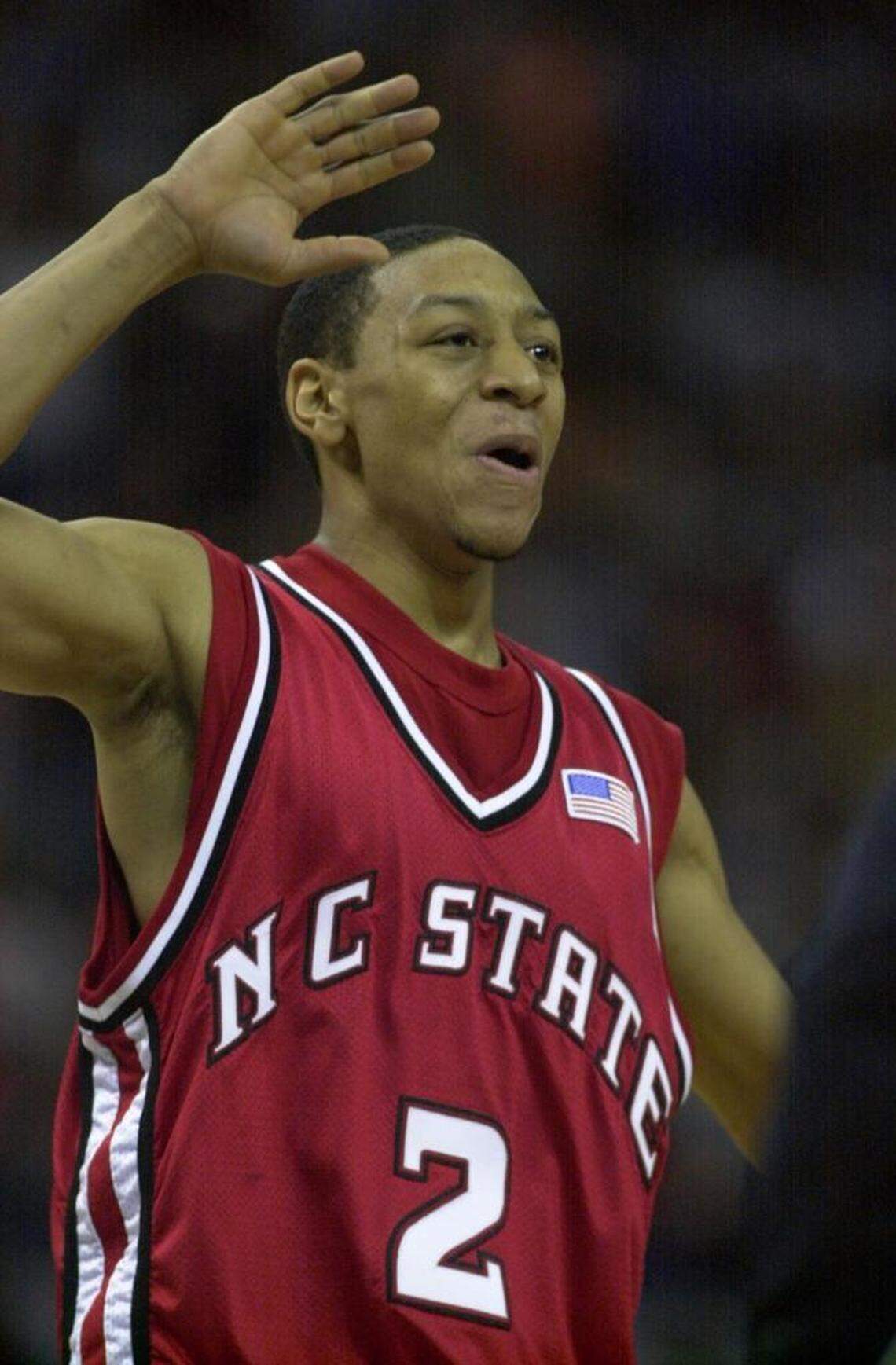 NC State’s Anthony Grundy celebrates a Wolfpack basket during 2002 game.