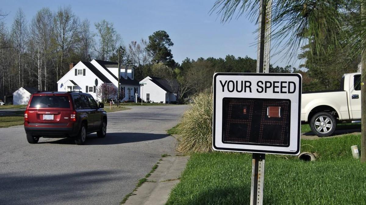 The Wendell Police Department’s new pole-mounted radar sign registers data from a passing motorist on March 23, 2016.