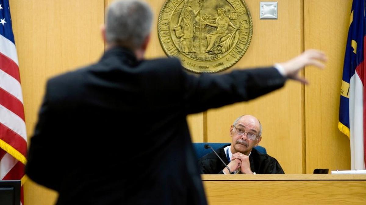 Jay Ferguson argues a motion to Senior Resident Superior Court Judge Greg Weeks during the first day of the Racial Justice Act hearing of Marcus Robinson at the Cumberland County Courthouse.