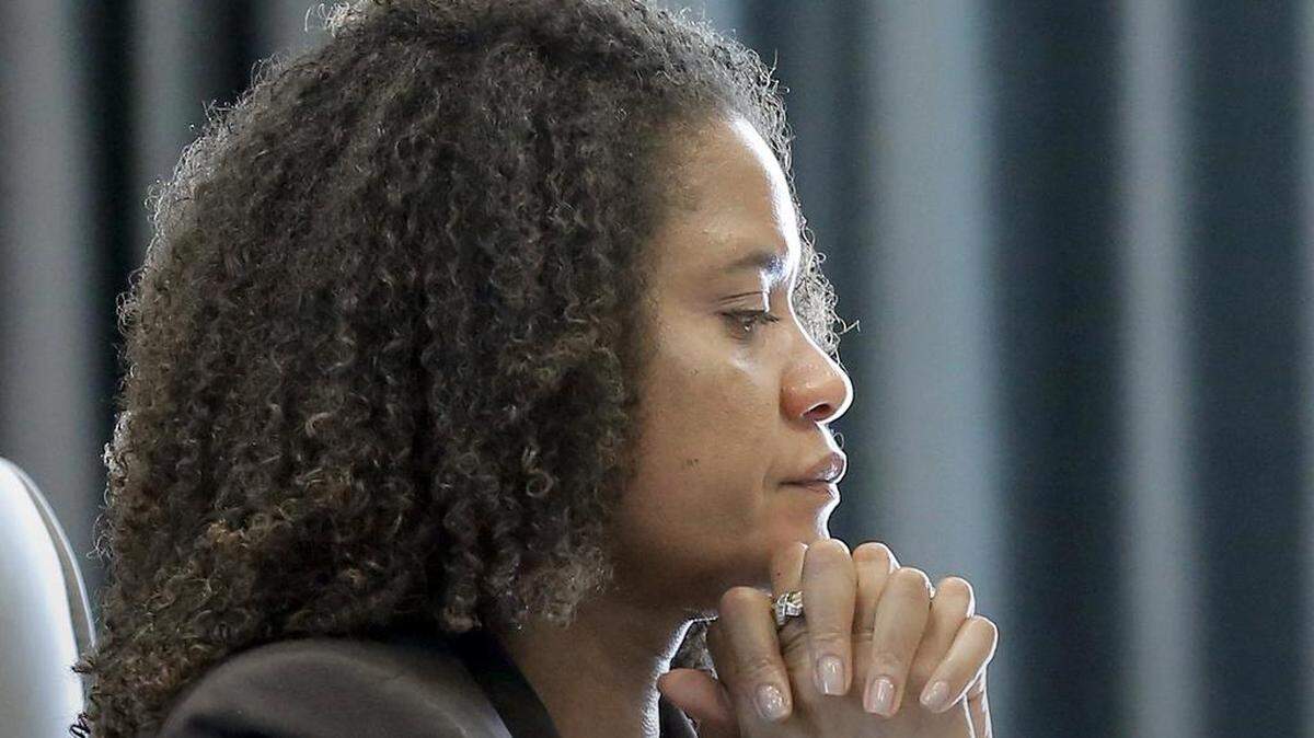 Caption: Former Durham district attorney Tracey Cline pauses as she testifies in her disciplinary hearing held before the N.C. State Bar at the organization's offices in Raleigh on Friday, June 5, 2015.