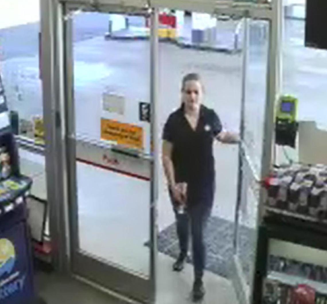 This image from surveillance video shows Allison Christine Cope walking in to a Shell gas station in Wake Forest on the day she was reported missing to Raleigh-Durham International Airport police.