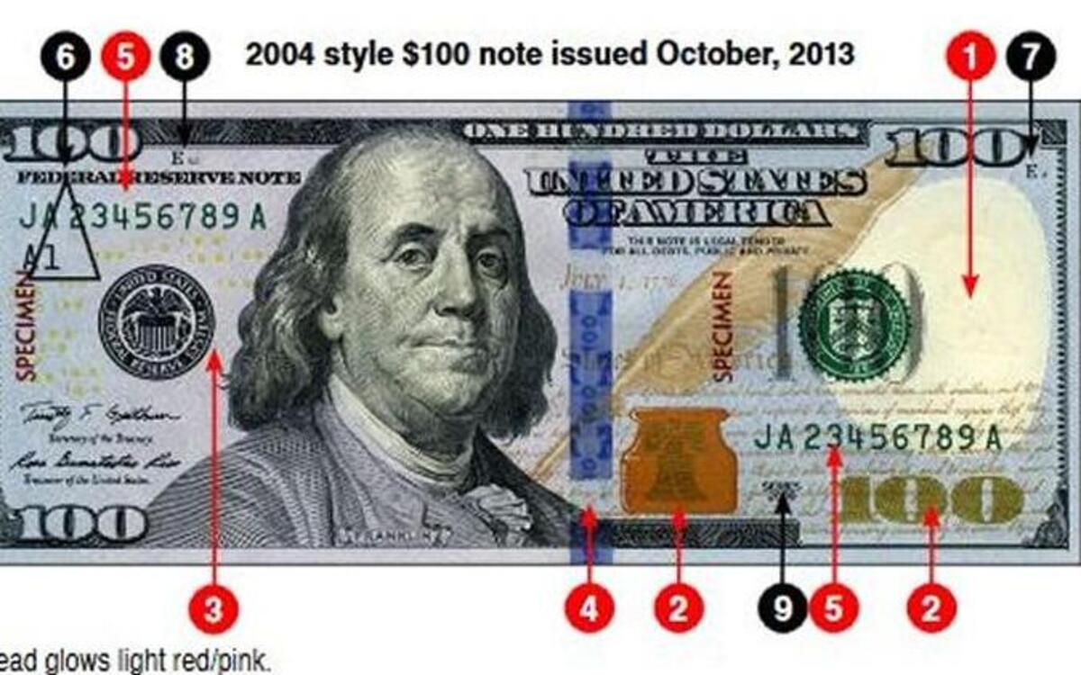 This image taken from a United States Secret Service web page gives pointers on things to look for to make sure a $100 bill is legitimate currency.