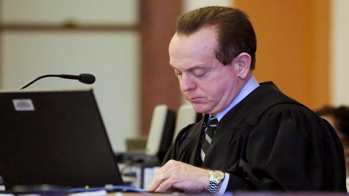 Judge Arnold O. Jones works from the bench during a trial in Goldsboro, NC in an undated photograph.