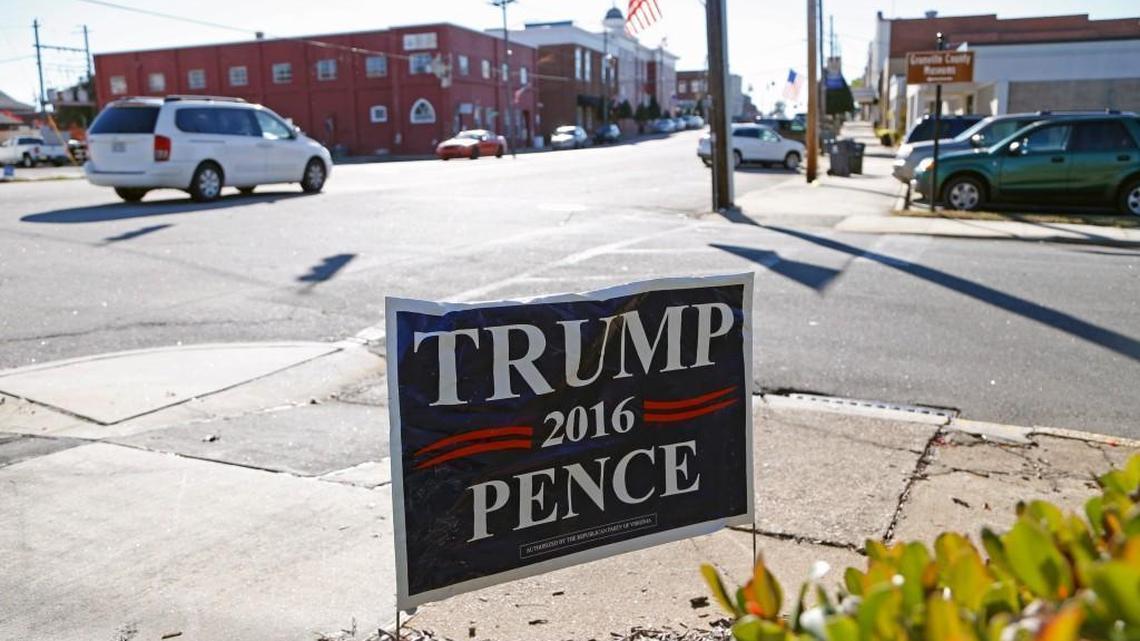 A Trump-Pence sign in downtown Oxford, N.C. on Nov. 10, 2016. Oxford is in Granville County, one of several N.C. counties that flipped from voting for Obama in 2012 to voting for Donald Trump in 2016. The Granville County GOP Party chairman said 2016 Trump voters included conservative Democrats and newcomers. 