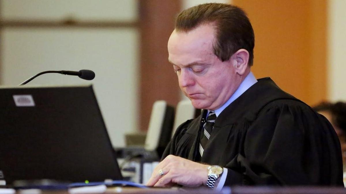 Wayne County Judge Arnold O. Jones works from the bench during a trial in Goldsboro, NC last year. Jones was convicted Friday on charges that he tried to bribe a federal agent with two cases of Bud Light to get text messages from the judge’s phone.