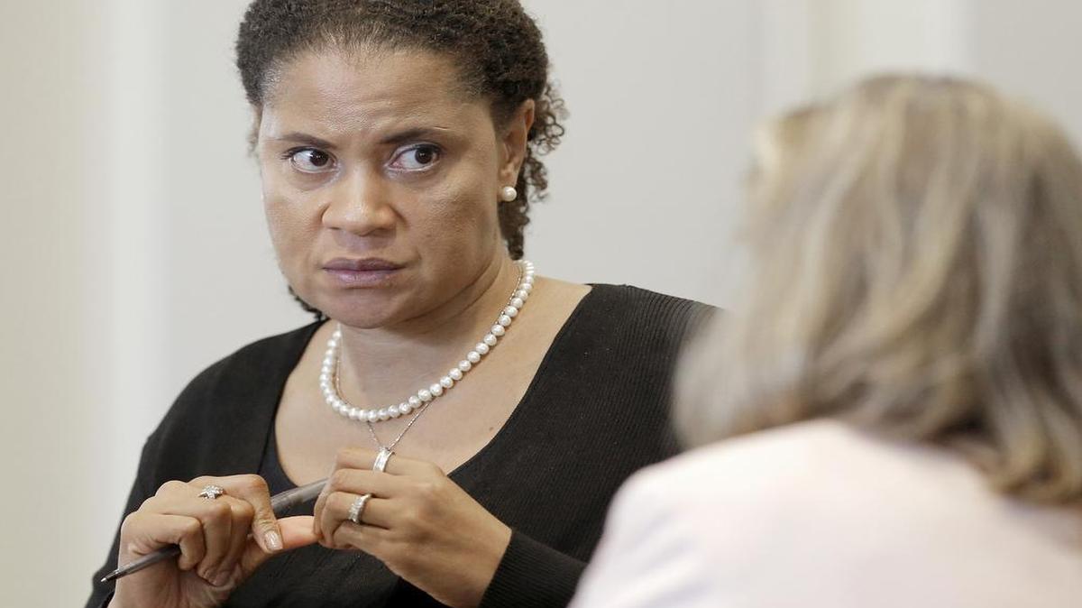 
Former Durham district attorney Tracey Cline talks during a break in her disciplinary hearing at the N.C. State Bar offices in Raleigh on Thursday.
