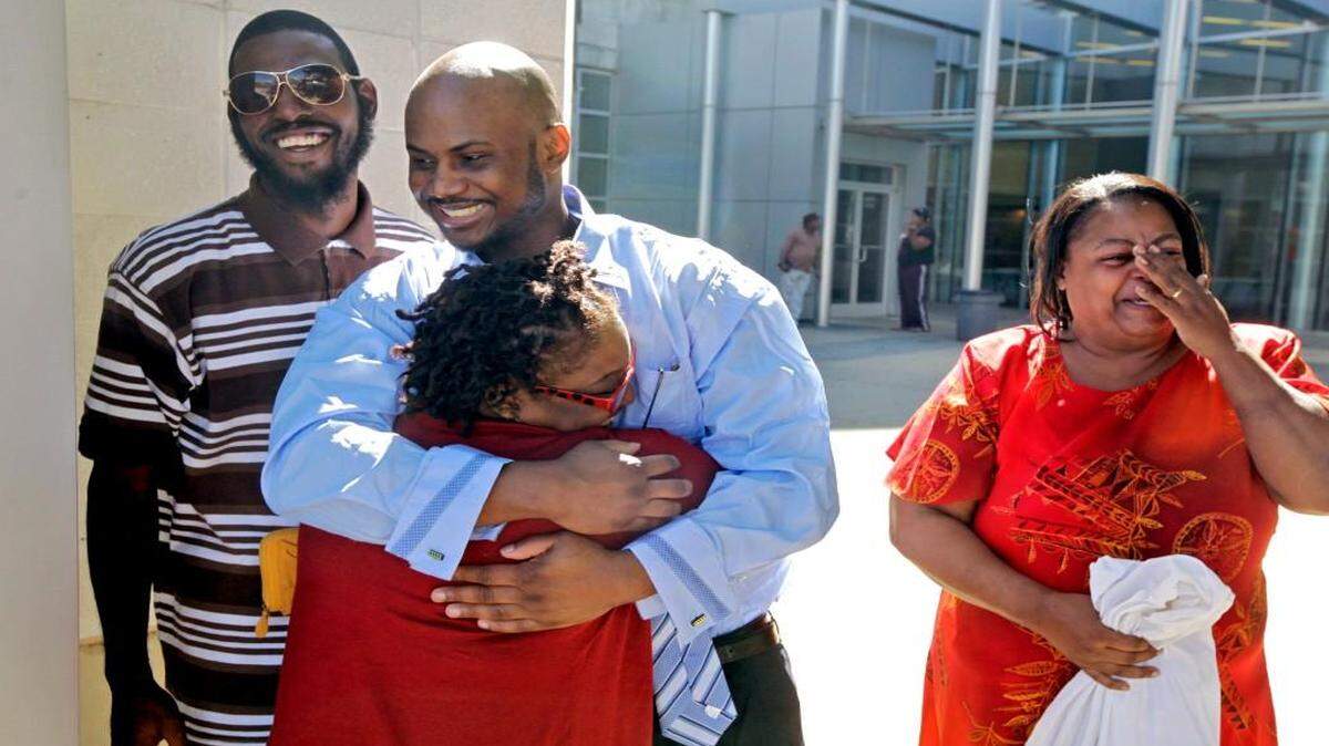 Derrick Allen celebrates his release from the Durham County Jail with friends and family in September of 2010.
