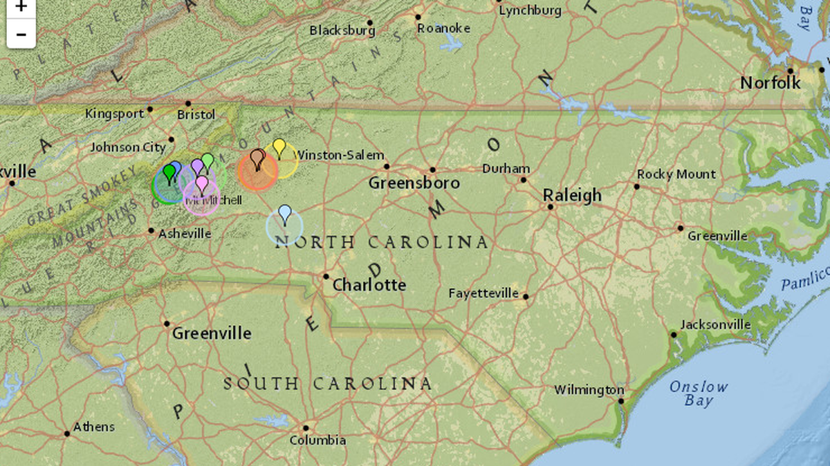 A map of USGS-reported earthquakes in North Carolina over the past two years.
