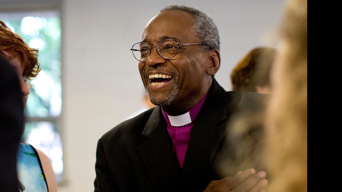 
Bishop Michael Curry speaks with members of St. Timothy's Episcopal Church during post-service coffee hour Sunday, June 7, 2015, in Raleigh, N.C. 

