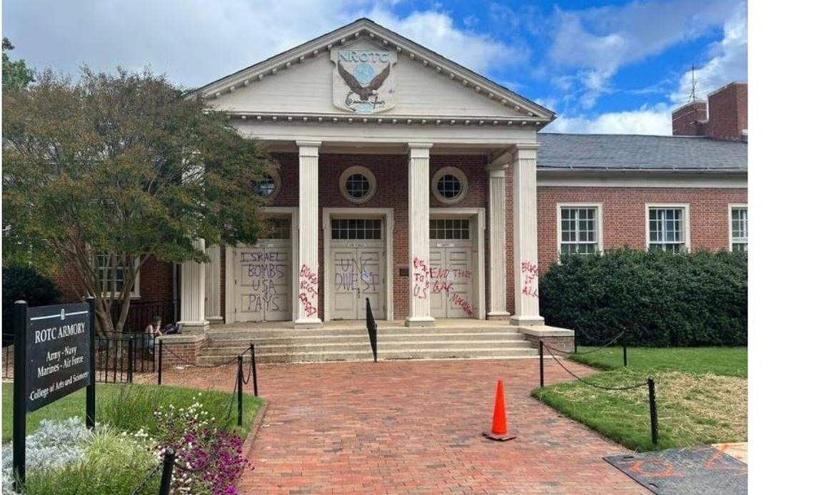 A UNC-Chapel Hill photograph of vandalism left by demonstrators after a Sept. 19, 2024, pro-Palestinian walkout on campus. 