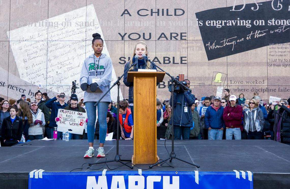 Lauren Smith, a 15-year-old sophomore at Holly Springs High School, addresses the crowd gathered at the March For Our Lives rally she organized because her mom wouldn't let her go to the national march in Washington, D.C., on Saturday, Mar. 24, 2018, raising awareness about gun violence and gun control after the mass shooting at Marjory Stoneman Douglas High School on Feb. 14, 2018.