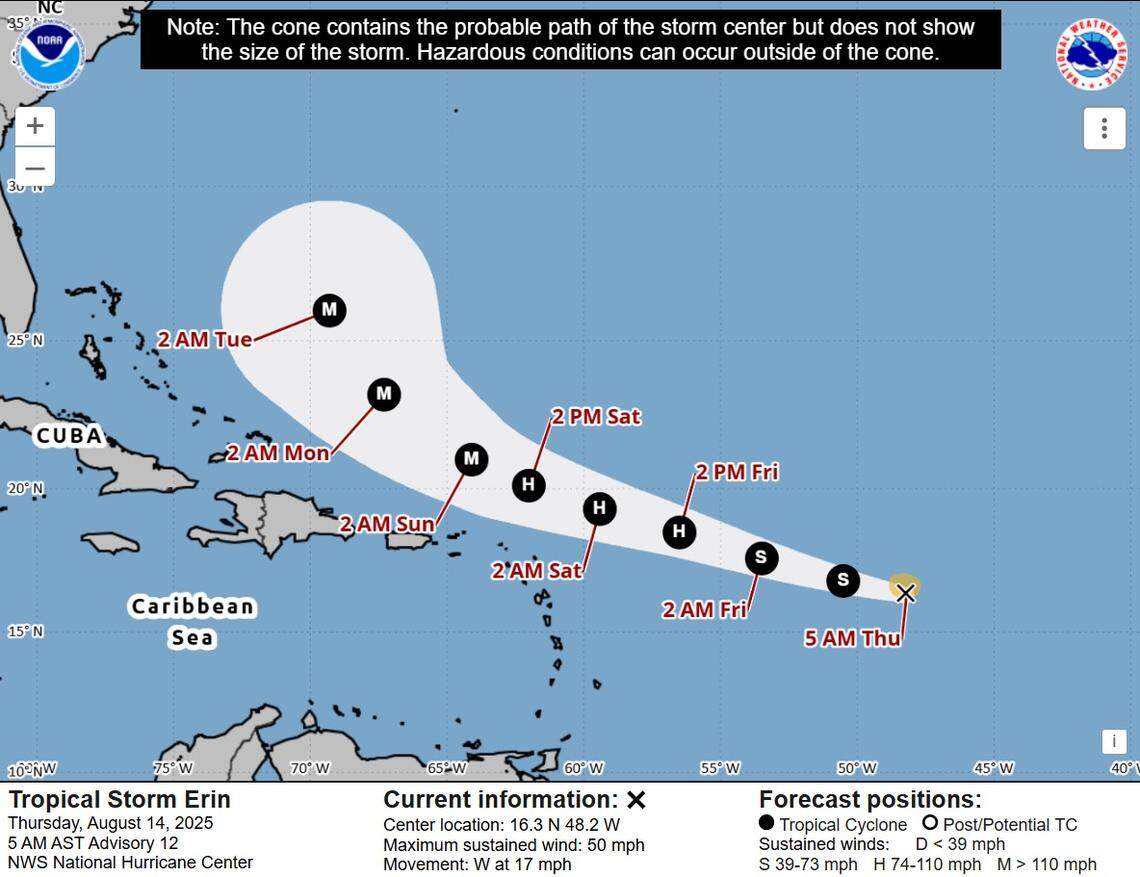 Forecasters expect that Tropical Storm Erin will continue to develop and become a hurricane by Friday, Aug. 15.