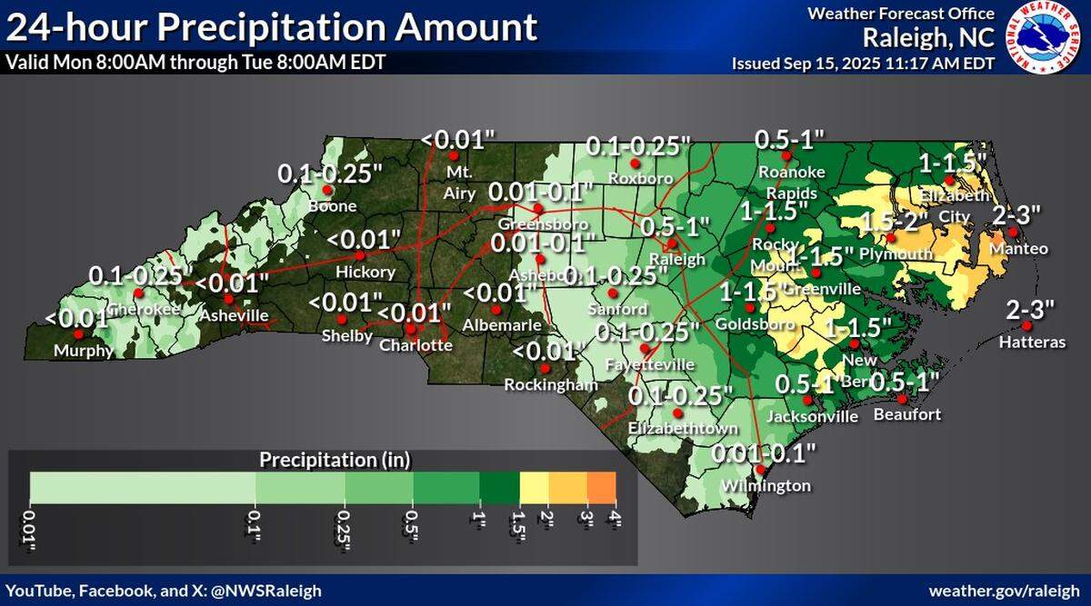 Rain is expected across the Triangle this week, with flash flooding possible overnight Monday, Sept. 15.