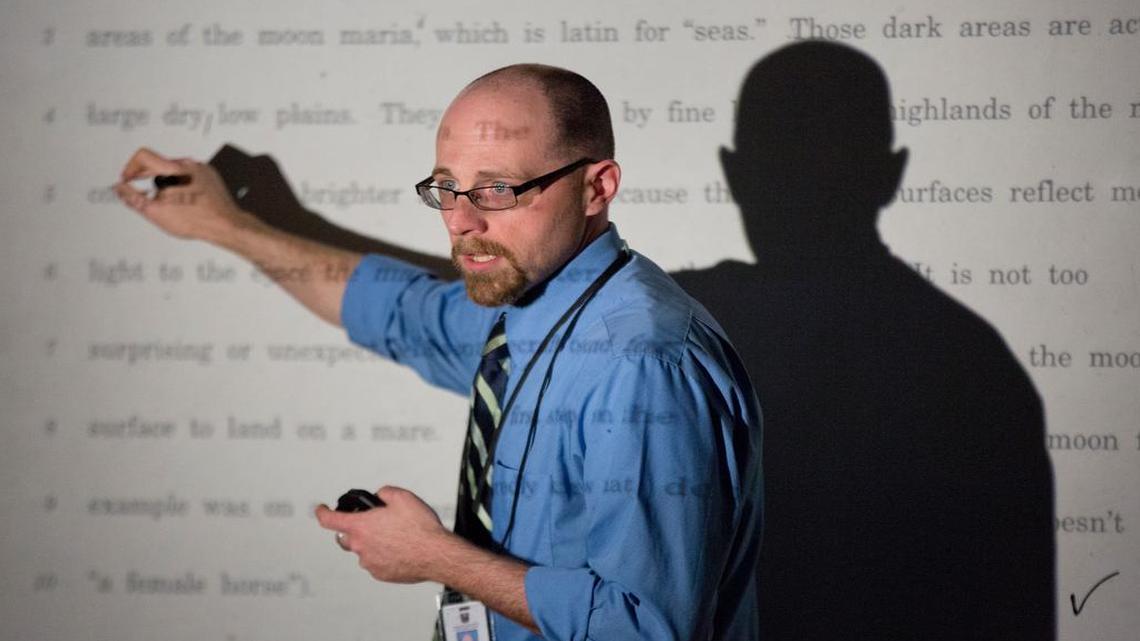 
Matthew Scialdone, an English teacher at Middle Creek High School, teaches his first class of the day Friday in Apex. Scialdone was named the Wake County school system’s 2015-16 Teacher of the Year,

