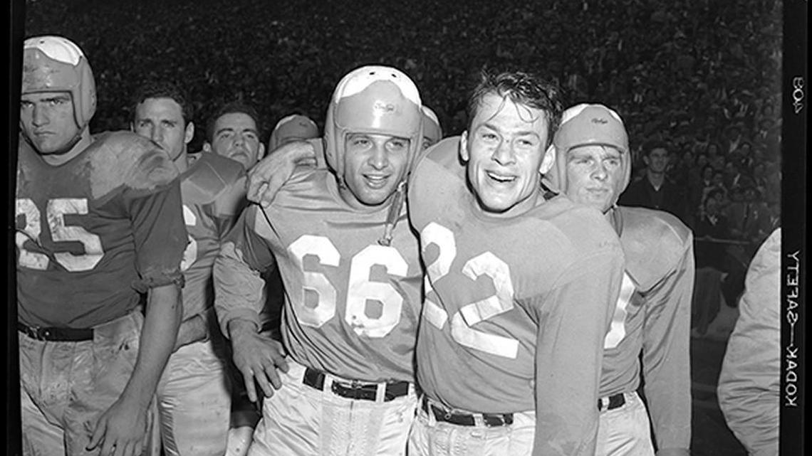 Paul Rizzo (66) with Charlie Justice (22) when they both played for the University Tar Heels in the Cotton Bowl, Jan. 2, 1950.