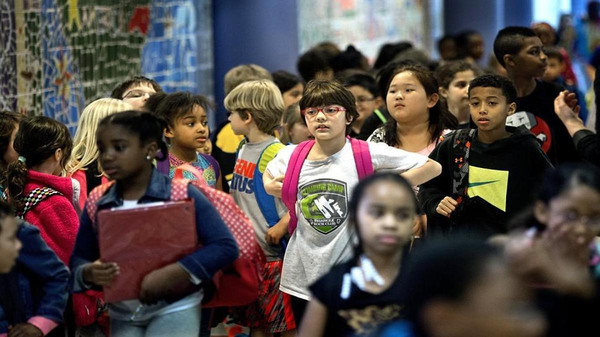 Brier Creek Elementary School students fill the hallways of the Raleigh school on March 11, 2015.