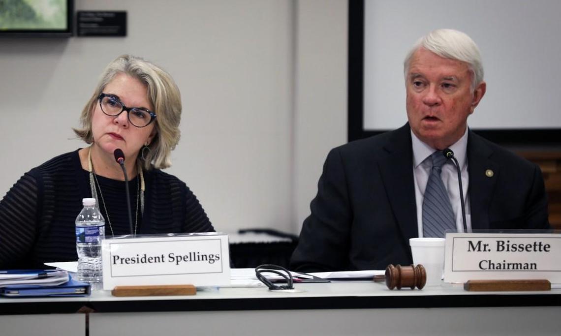 UNC System President Margaret Spellings, left, and UNC Board of Governors Chairman Louis Bissette, listen to board member Tom Fetzer propose a resolution to reduce tuition and fees. during a meeting held Thursday, Sept. 7, 2017 in Chapel Hill.