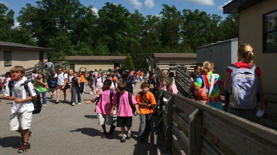 Wakefield Elementary students leaves their mobile classrooms in this file photo.