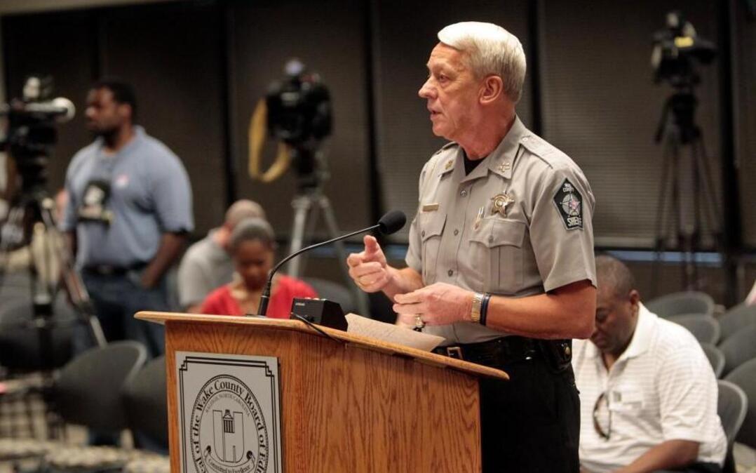 Wake County Sheriff Donnie Harrison speaks at a 2013 Wake County school board meeting urging the school district to create its own police force. Harrison reiterated that request in a letter sent Thursday, Jan. 19, 2017.