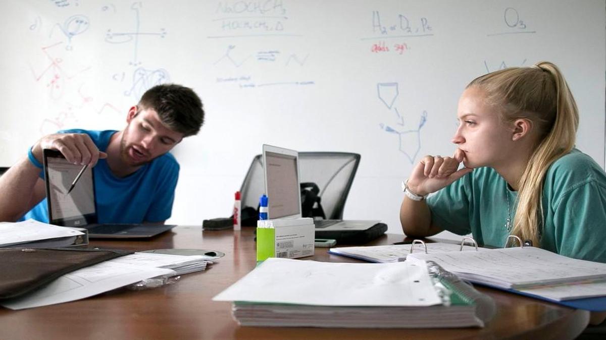 N.C. State students Logan Moore, left, and Maddie Mesaros study for an organic chemistry test at the Hunt Library at N.C. State University on Wednesday, June 29, 2016 in Raleigh.