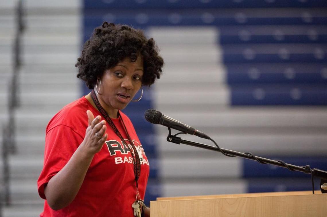 Principal Ericka Lucas gives instructions during graduation practice at Rolesville High School Thursday, May 26, 2016 in Rolesville, N.C.