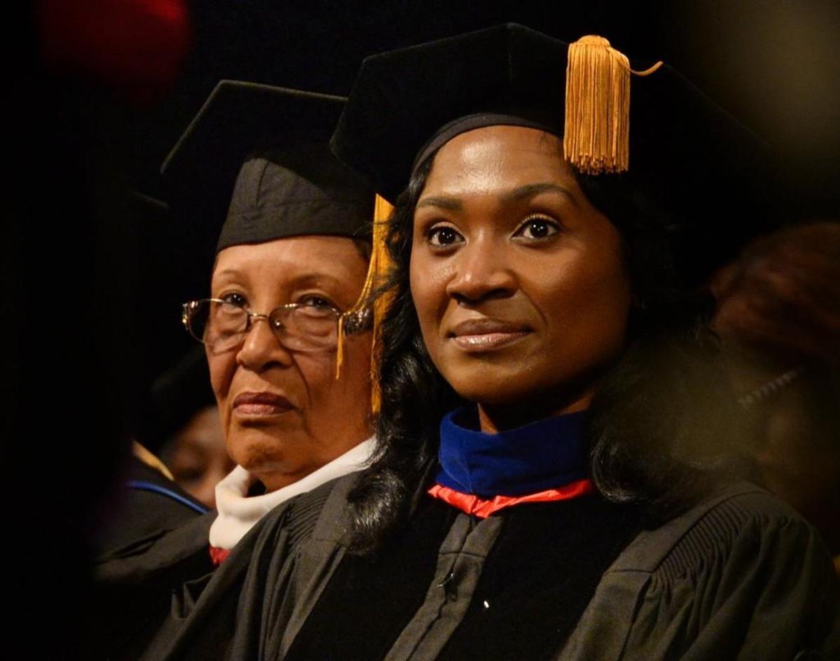 North Carolina Congresswoman Alma S. Adams -12th Congressional District (NC), left, sits with Shaw University President Dr. Tashni-Ann Dubroy during Shaw’s 150th Homecoming Founder’s Day Observance at Raleigh Memorial Auditorium in Raleigh, N.C. Friday, Nov. 6, 2015.