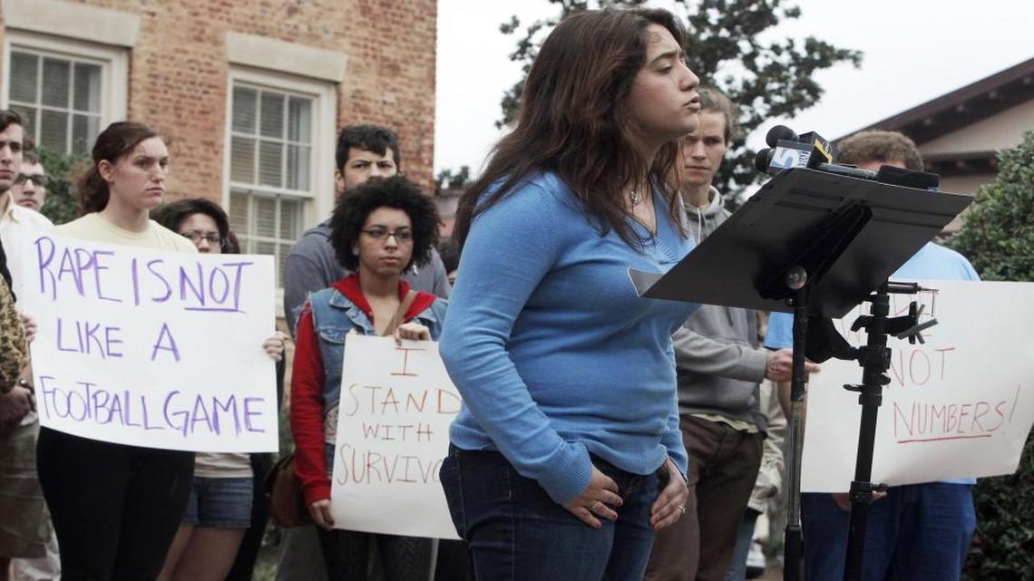 
UNC-Chapel Hill students including Andrea Pino, foreground, hold a press conference Jan. 30, 2013, on campus to call attention to what they say is a hostile environment and insufficient support at UNC-Chapel Hill for those who have been sexually assaulted.
