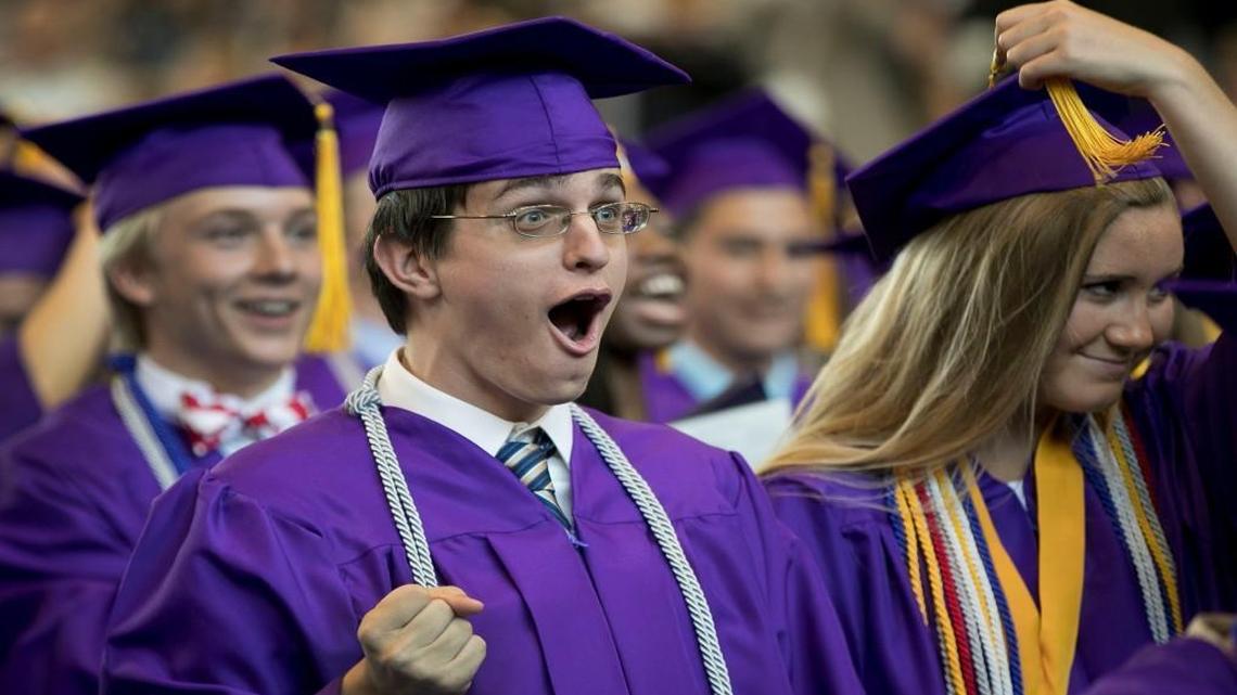 New graduate William McDowell lets out a yell after turning his tassel at the conclusion of the 2017 commencement exercises on June 9, 2017 at Broughton High School in Raleigh, N.C. The Wake County school system’s graduation rate rose to 88.5 percent in 2017.