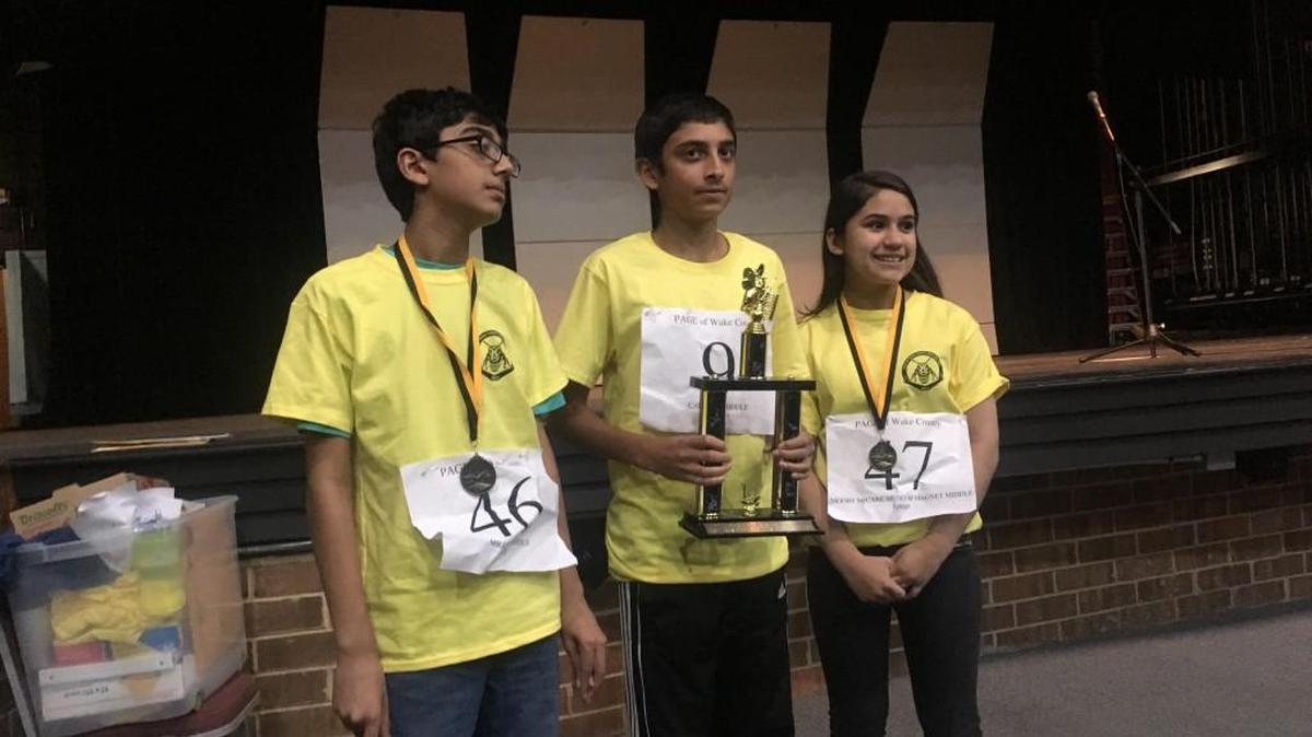 Rohan Sachdev, center, won the PAGE of Wake County Spelling Bee on Saturday. Akshar Yeccherla, left, came in second and Lindsay Lopez was third.