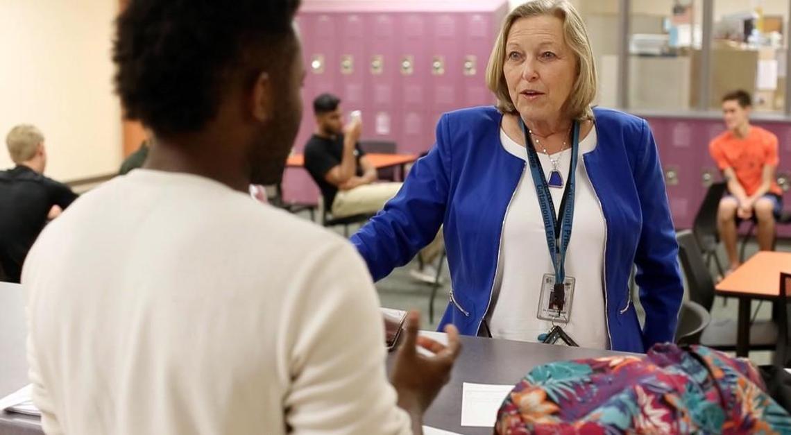 Panther Creek principal Dr. Camille Hedrick talks with a student as she make her rounds on Tuesday, May 30, 2017 at Panther Creek High School in Cary, N.C. Hedrick was named North Carolina PTA Principal of the Year.