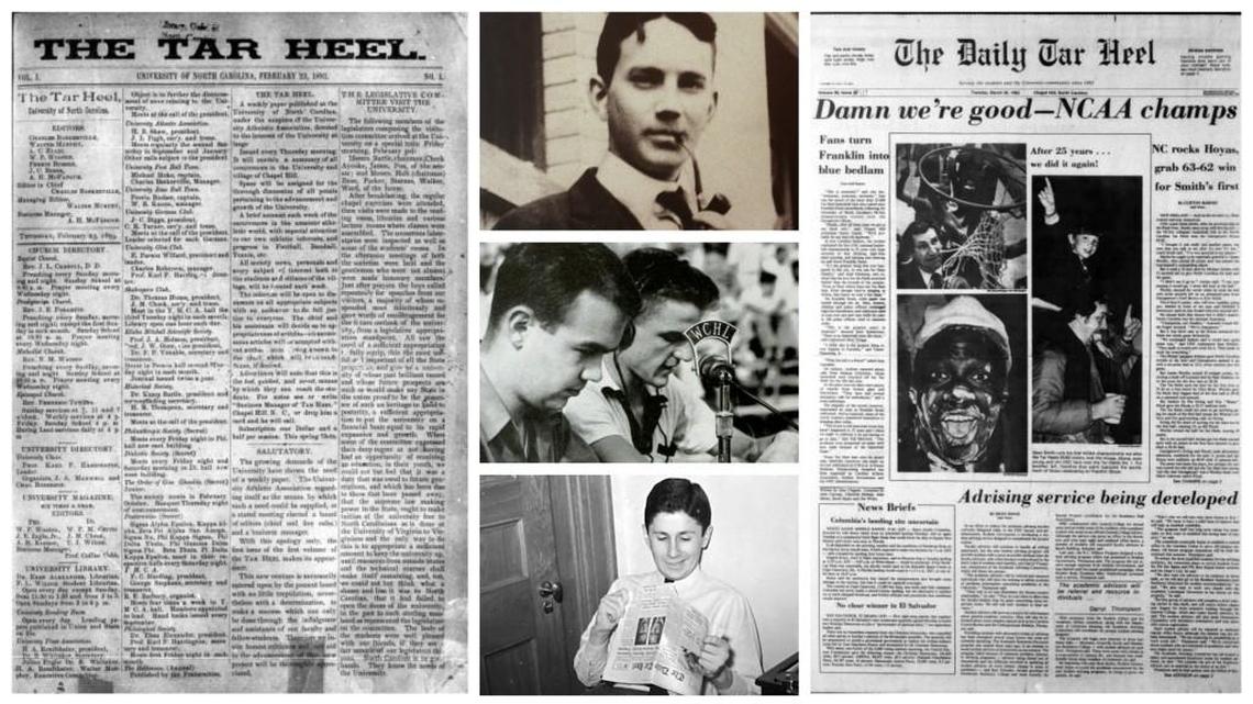The Daily Tar Heel celebrates its 125th birthday in 2018. Editions from 1839, left and 1982, right, feature the news of the day. Thomas Wolfe, top, Charles Kuralt, center, and Ed Yoder, bottom, are a few of the writers and editors who worked at the DTH.