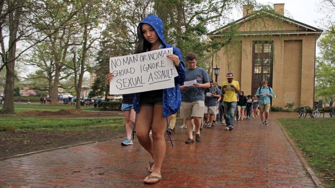 
More than 200 people participated in "Walk a Mile" April 9, 2015, on the UNC campus in Chapel Hill, an event aimed at reducing sexual assault and violence. A recent survey showed that 24.3 percent of undergraduate women experienced some form of unwanted sexual contact during their time as students at the university.
