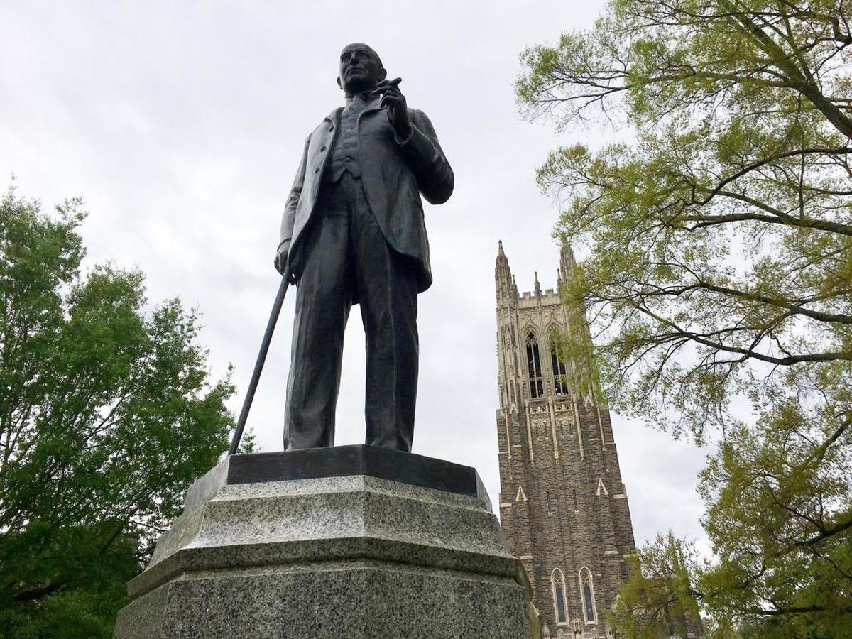 A statue of James Buchanan “Buck” Duke greets visitors to West Campus at Duke University.