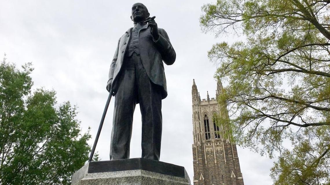 A statue of James Buchanan "Buck" Duke greets visitors to West Campus at Duke University.