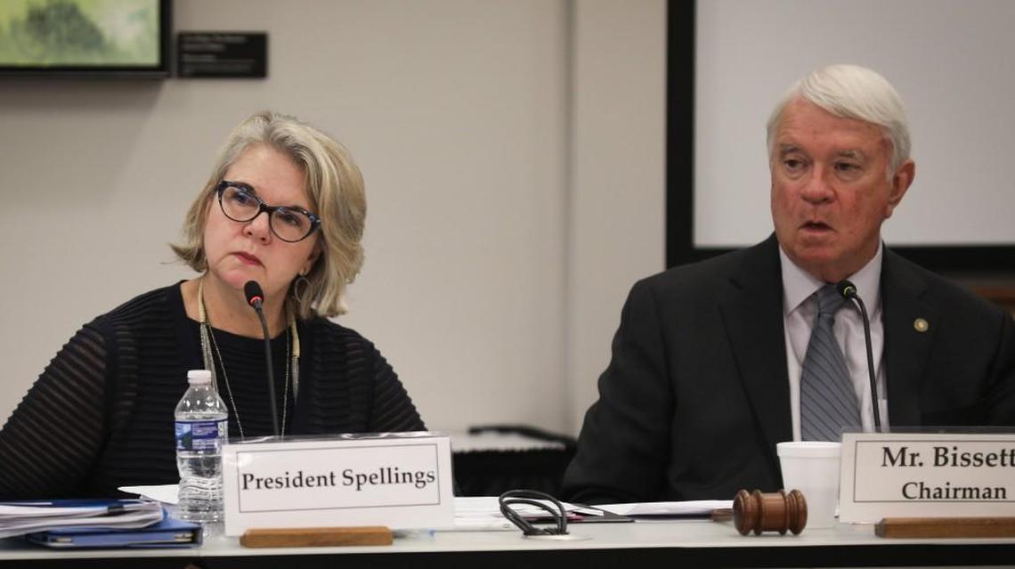 UNC System President Margaret Spellings, left, and UNC Board of Governors Chairman Louis Bissette listen to board member Tom Fetzer propose a resolution to reduce tuition and fees during a September meeting in Chapel Hill.
