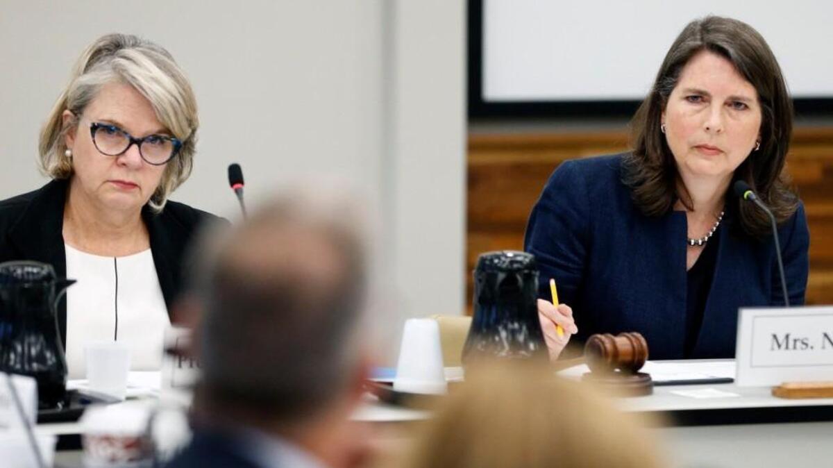 UNC system President Margaret Spellings, left, and committee Chair Anna Nelson, right, seen on August 1, 2017.