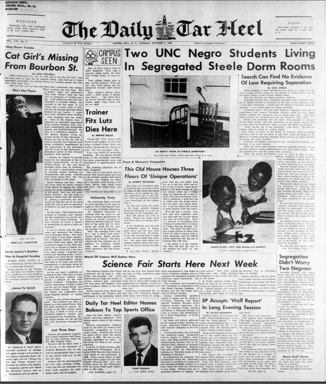 The Daily Tar Heel front page on Oct. 5, 1954.