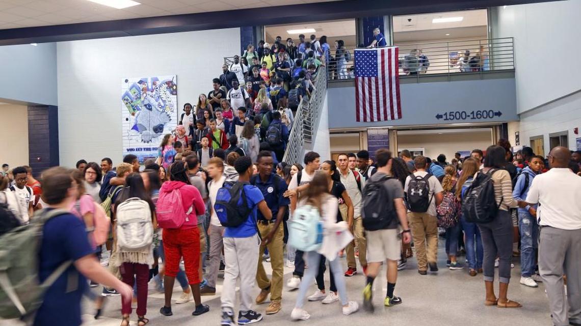Students crowd a stairway as classes change at Heritage High School in Wake Forest, NC, on September 10, 2015.