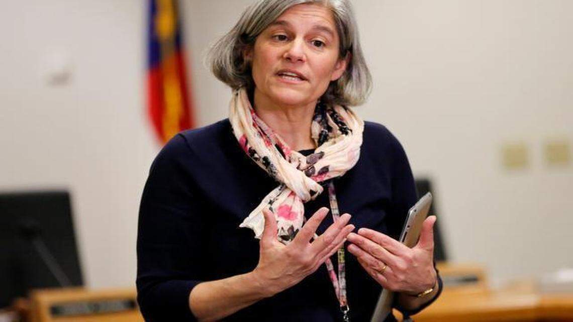 
Wake County School board Chairwoman Christine Kushner speaks during a press conference regarding Wake County makeup days after an afternoon school board committee meeting Monday at the Wake County Public School System Central Administration Building in Cary.
