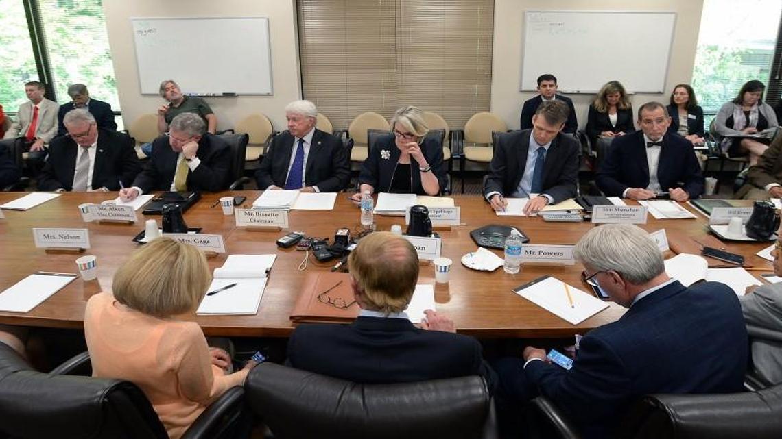Members of the UNC Board of Governors gather at a 2016 meeting. The House is considering legislation to downsize the board from 32 to 24 members.