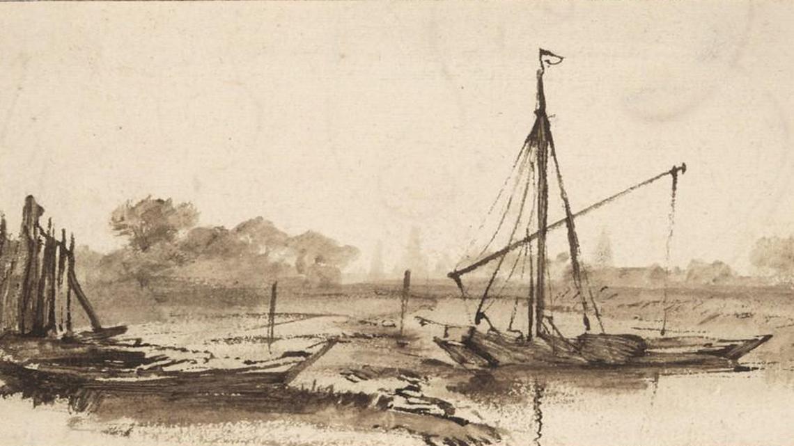 Rembrandt van Rijn, Dutch, 1606 1669: Canal and Boats with a Distant View of Amsterdam, c. 1640; reed pen and finger rubbing in dark brown (iron-gall) ink, 4-1/16 x 8 in.