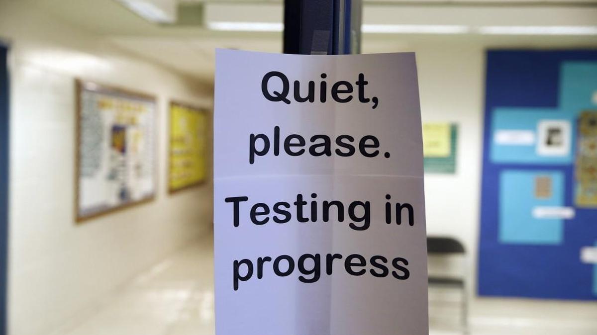 In this photo taken Jan. 17, 2016, a sign is seen at the entrance to a hall for a college test preparation class at Holton Arms School. A new revamped version of the SAT debuted in March 2016.